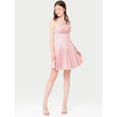 Silk mini dress with ruched bodice, flared pleated skirt and adjustable tie straps